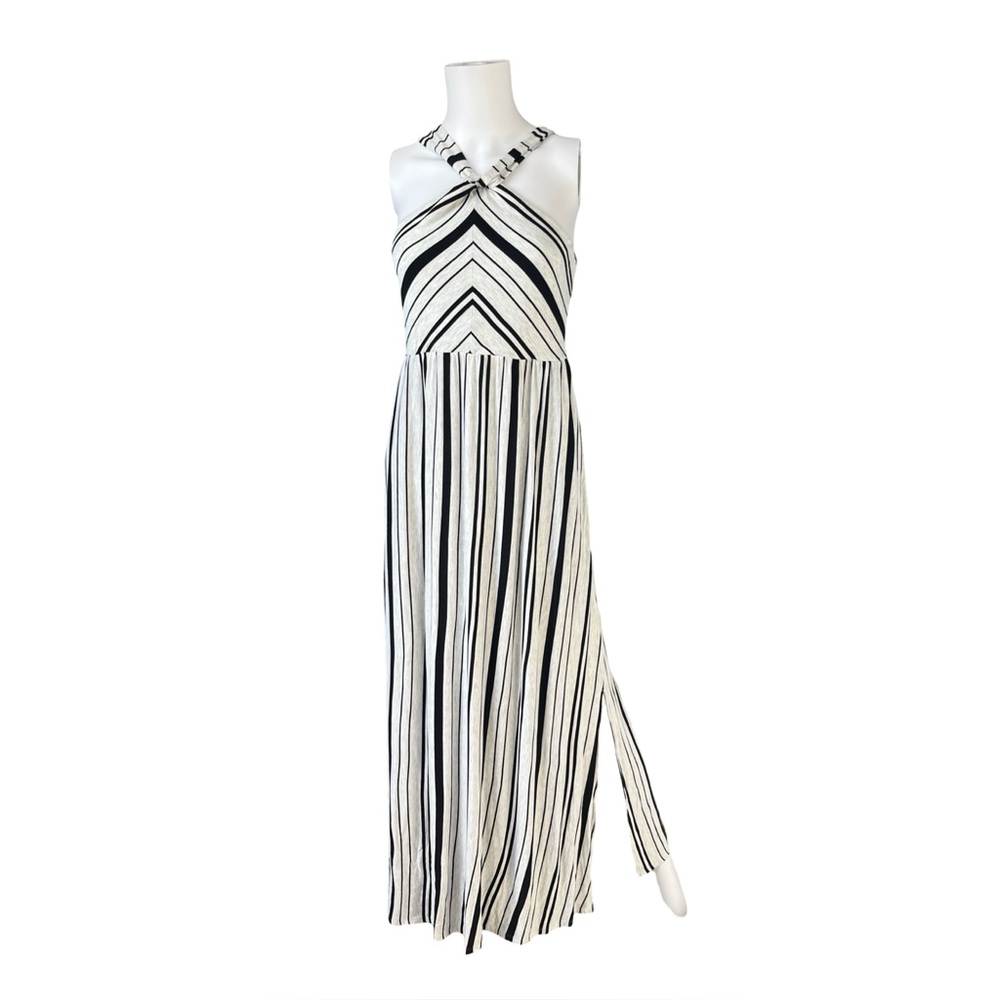 Soma Striped Maxi Dress Gray Black Halter Top Stretch Knit Womens Size Medium